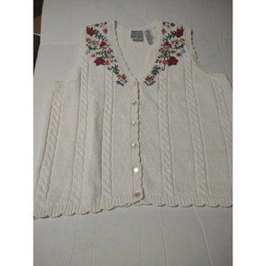 Vintage Ladies Med Russ Sport White  Floral Sweater Cardigan Vest